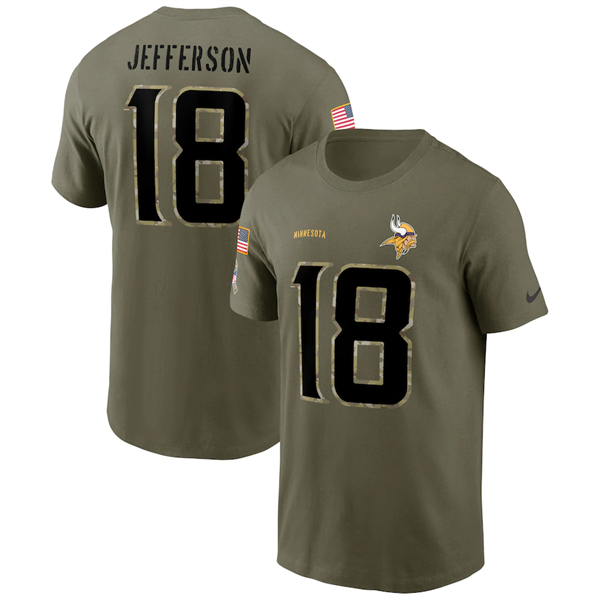 Men's Minnesota Vikings #18 Justin Jefferson 2022 Olive Salute to Service T-Shirt Men's Minnesota Vikings #18 Justin Jefferson 2022 Olive Salute to Service T-Shirt